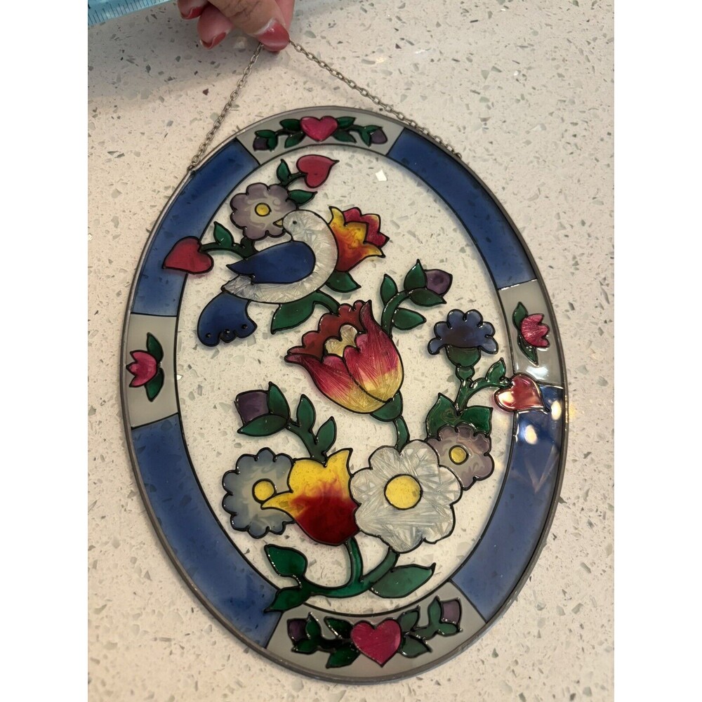 Joan Baker Vintage Bird  and Flowers -Stained Glass Suncatcher Window Oval